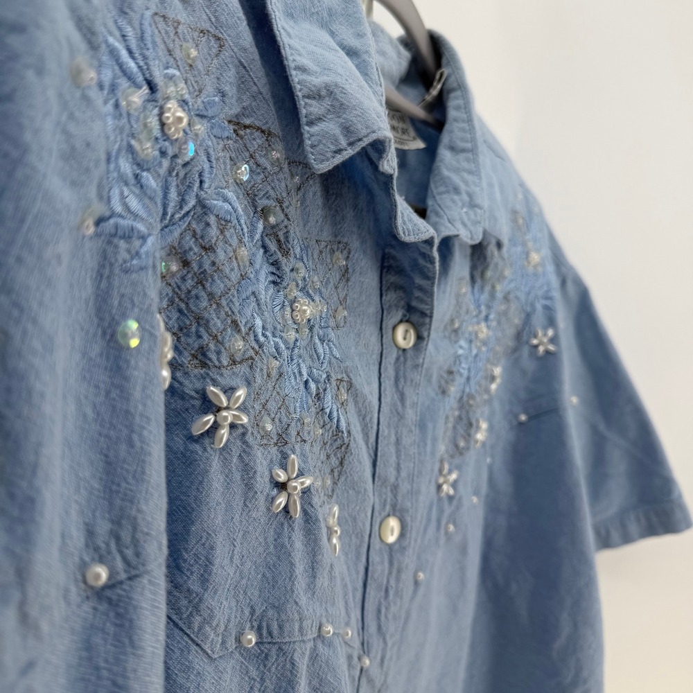 Allyson Whitmore Button Up Womens 1X Blue Embroidered Beaded Western Boho Shirt - Picture 6 of 9